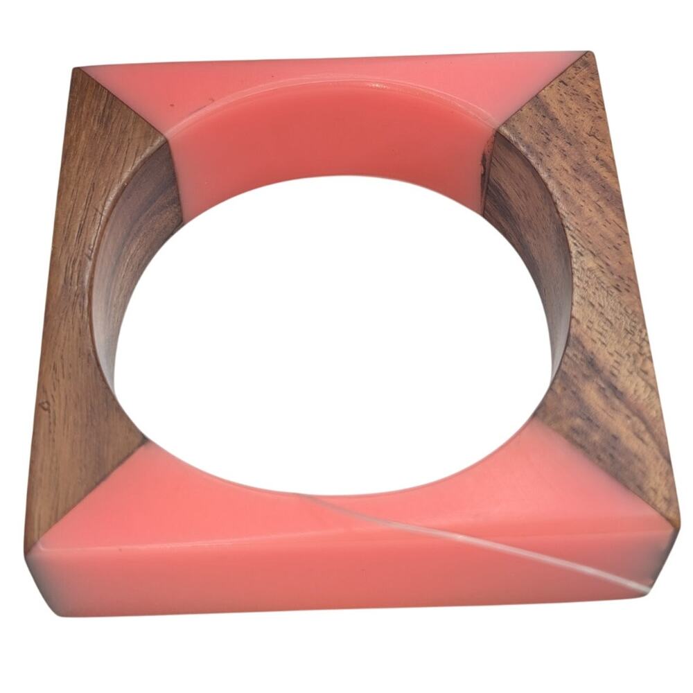 Vintage Modernist Wood & Peachy Resin Square Bangle Bracelet